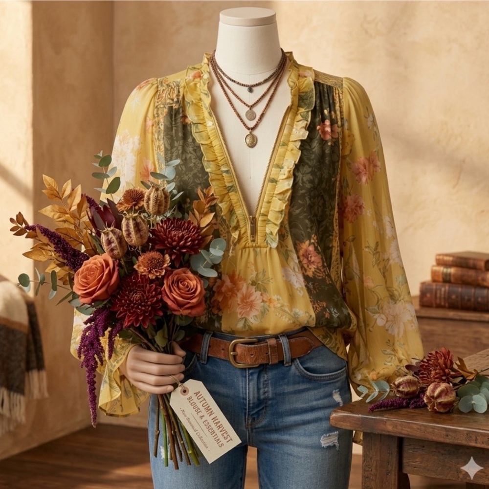 Futario Zip-Front Ruffled Floral Chiffon Blouse Boho chic ruffle cuff Large NWT